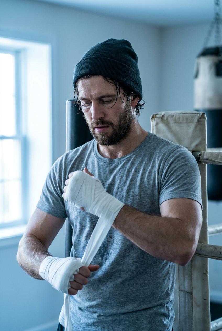 Tight portrait of a male boxer wrapping his hands beside a ring corner post in a bright home gym with cool daylight