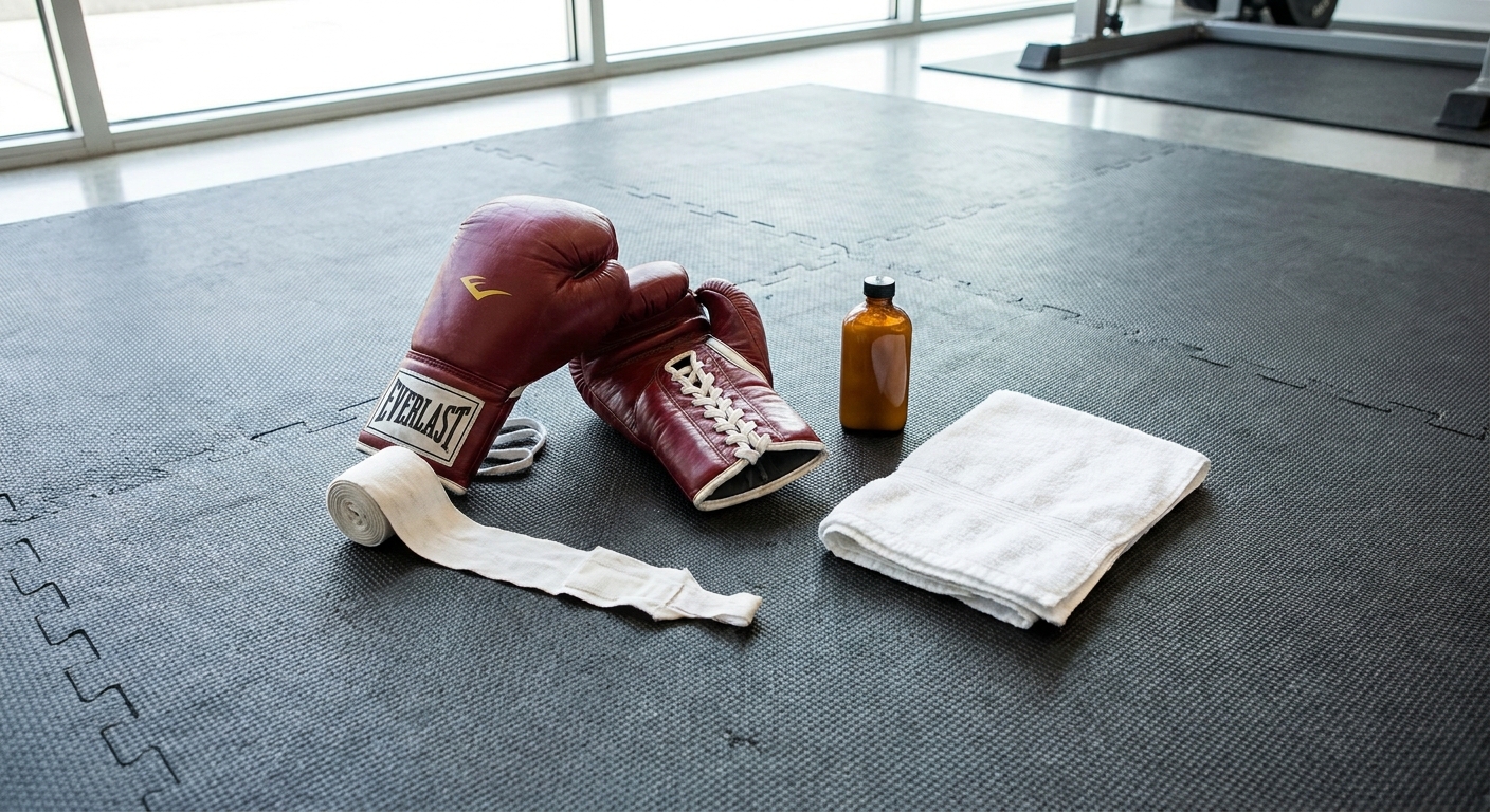 Flat-lay of red boxing bag gloves, partially unrolled white Mexican hand wraps, a leather conditioner bottle, and a folded gym towel arranged on a rubber gym mat in a bright modern gym