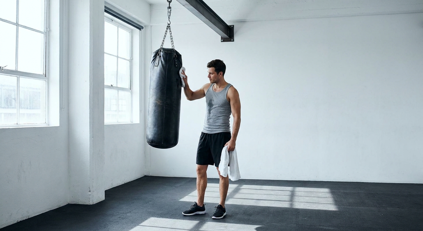 Male boxer wiping down a black leather heavy bag with a damp white cloth in a bright modern gym with white walls and rubber flooring, cool daylight from large windows, grey tank top, casual post-workout demeanor
