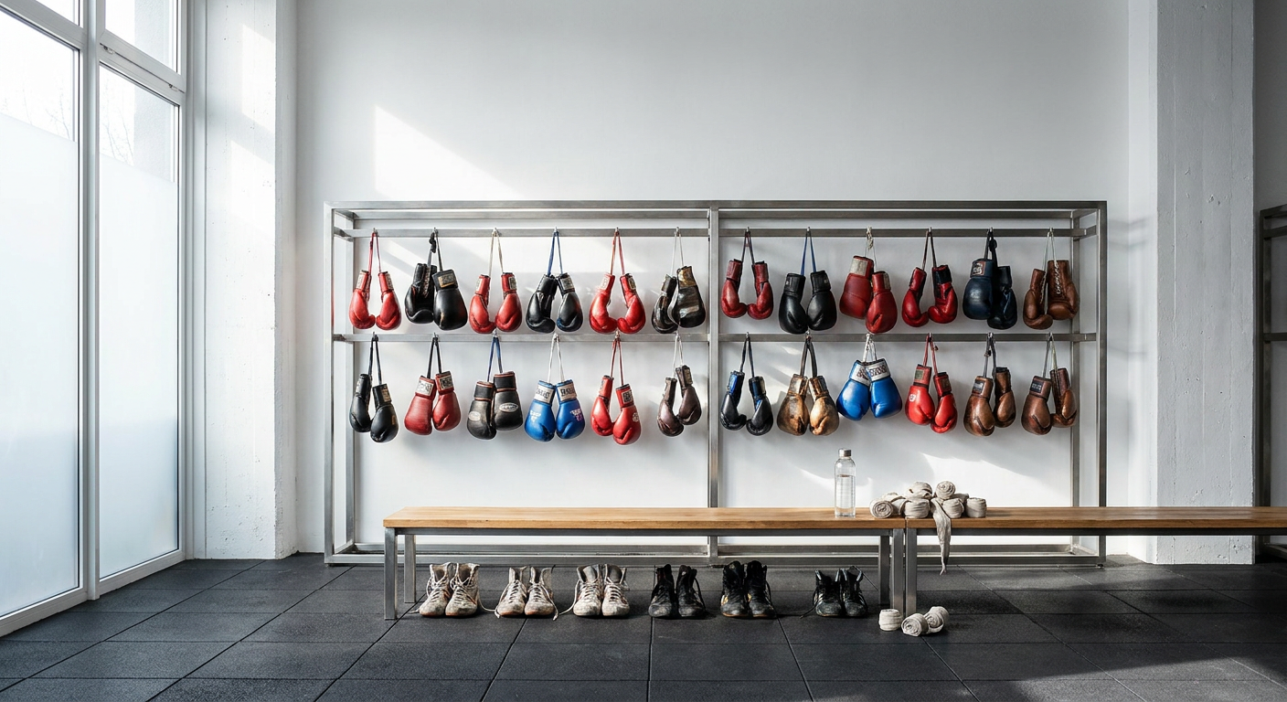 Wide environmental shot of a bright modern boxing gym's gear storage area, with multiple pairs of boxing gloves hanging by wrist straps to air out on an open rack, boxing shoes lined up below, hand wraps on a nearby wooden bench, cool natural daylight