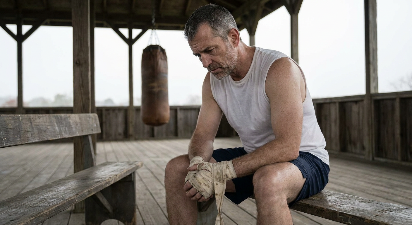 Masters-age boxer sitting quietly on a wooden bench under an outdoor covered pavilion, hands clasped, pre-training stillness, overcast grey daylight