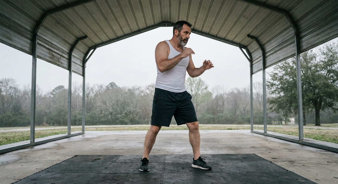 Masters-age boxer shadowboxing under an outdoor covered pavilion, overcast grey daylight, wide environmental shot showing the full training space