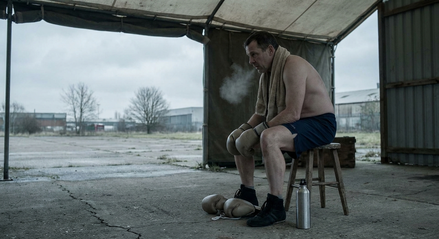 Masters-age boxer seated on a wooden stool after training, sweat towel over shoulders, gloves resting on the concrete floor, exhaling under an outdoor covered space with overcast grey sky