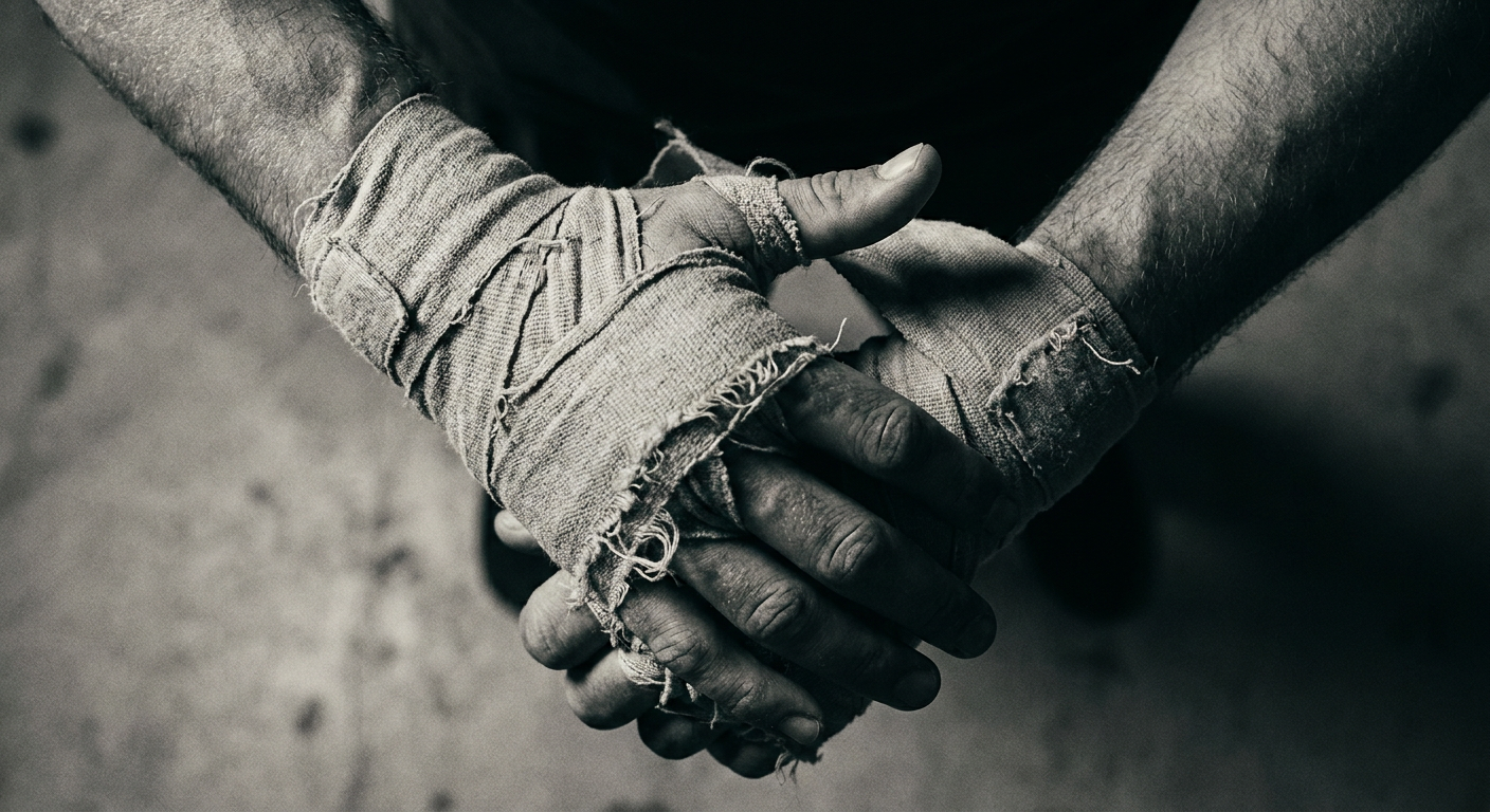 Close-up of worn white hand wraps being wrapped around a boxer's hands, concrete floor visible in the background out of focus