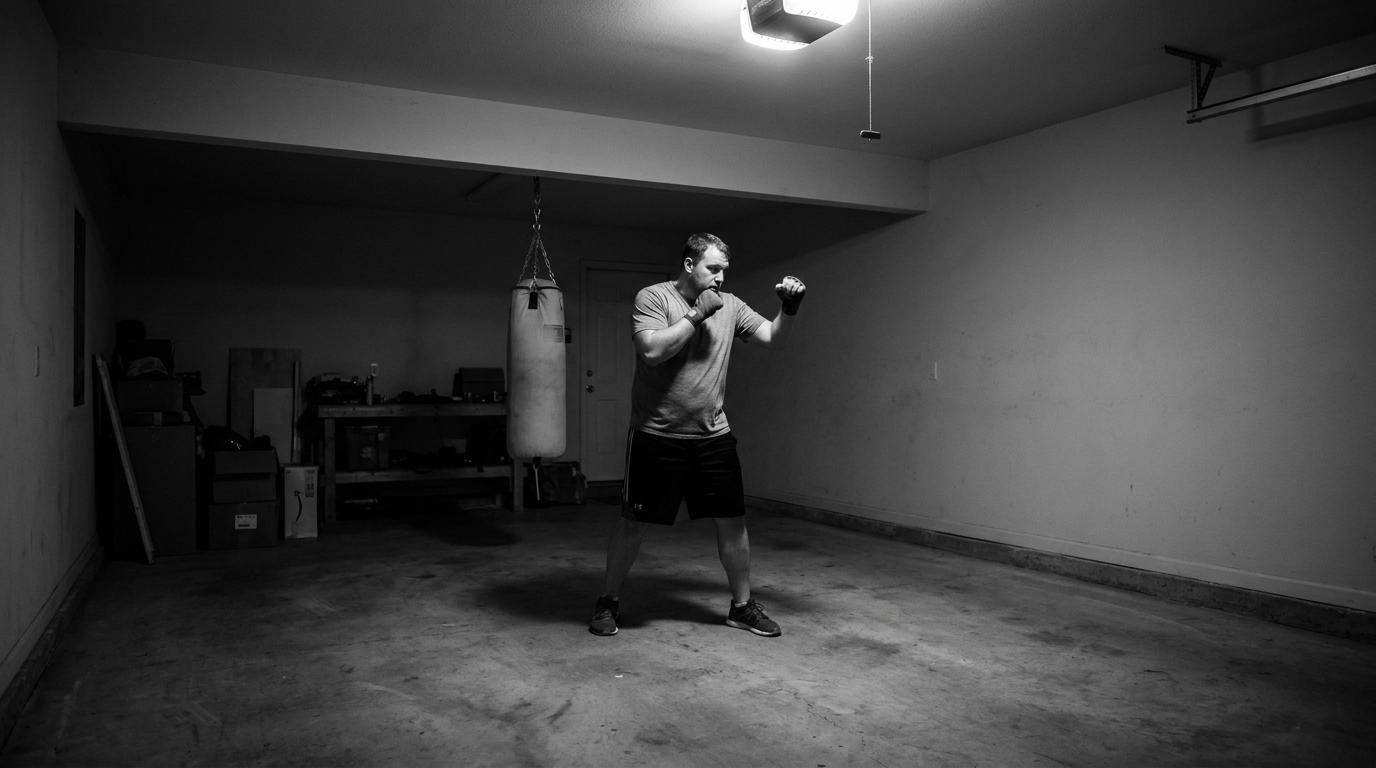 Wide shot of a sparse home garage gym, boxer small in frame shadowboxing under a single overhead light with a heavy bag hanging in the background
