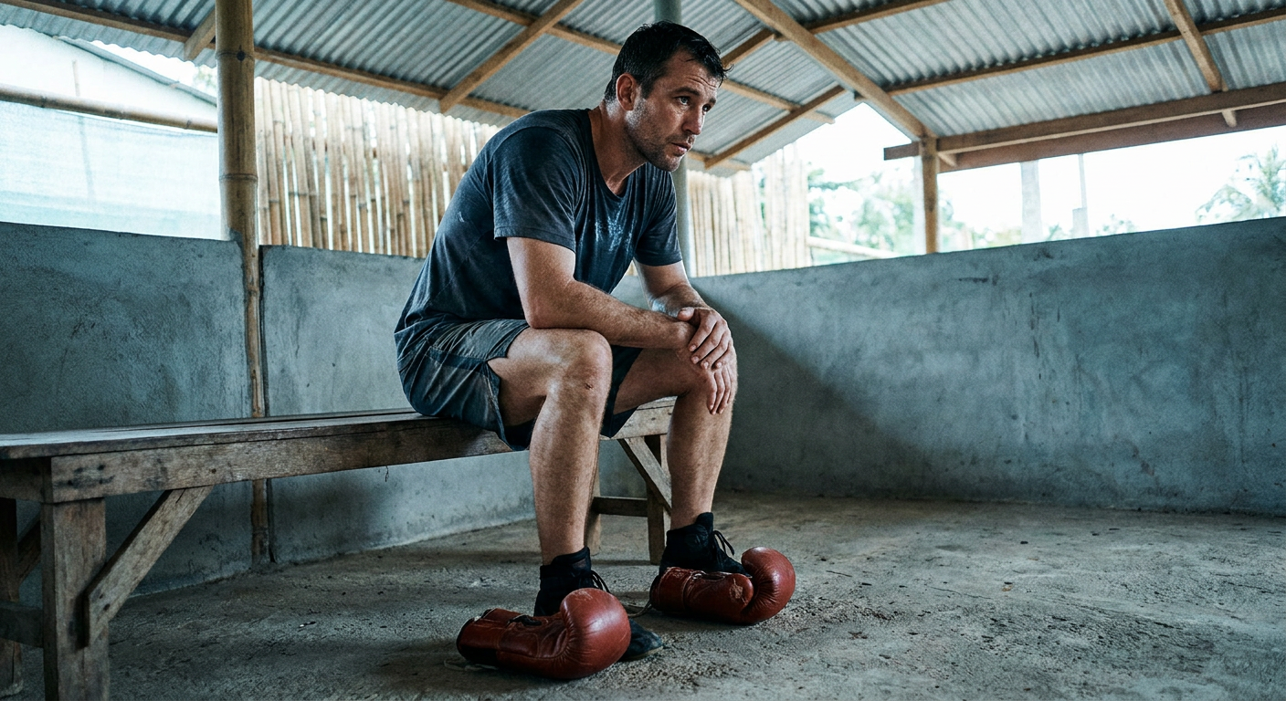 Solo male boxer sitting on a wooden bench at a Muay Thai training camp, gloves resting on the floor, tired and reflective expression, tin roof and bamboo supports visible, cool editorial daylight