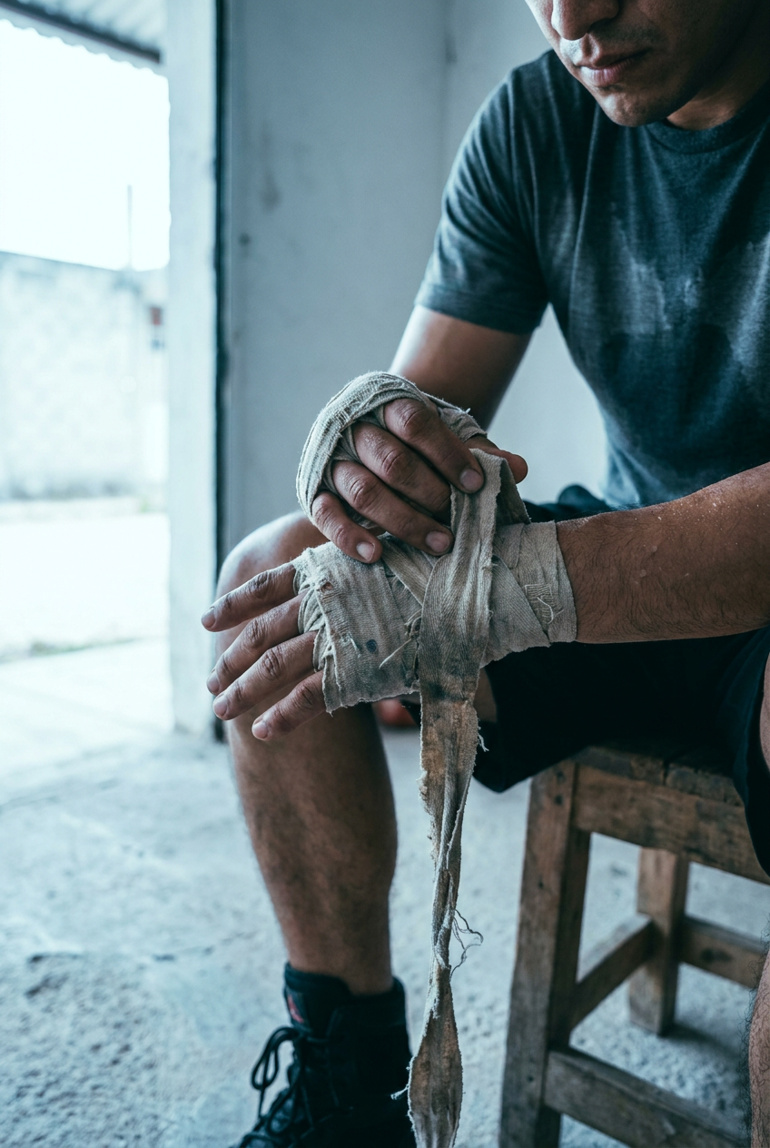 Close-up of a man unwrapping worn Mexican-style hand wraps after training, sweat-darkened fabric, callused knuckles visible, natural cool daylight at a Muay Thai camp