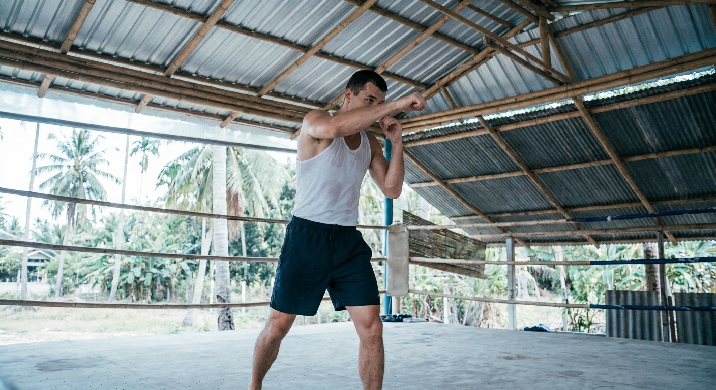 Solo boxer shadowboxing in an open-air Muay Thai training area, tin roof overhead, bamboo frame visible, wide environmental shot showing full body and surrounding space, cool daylight