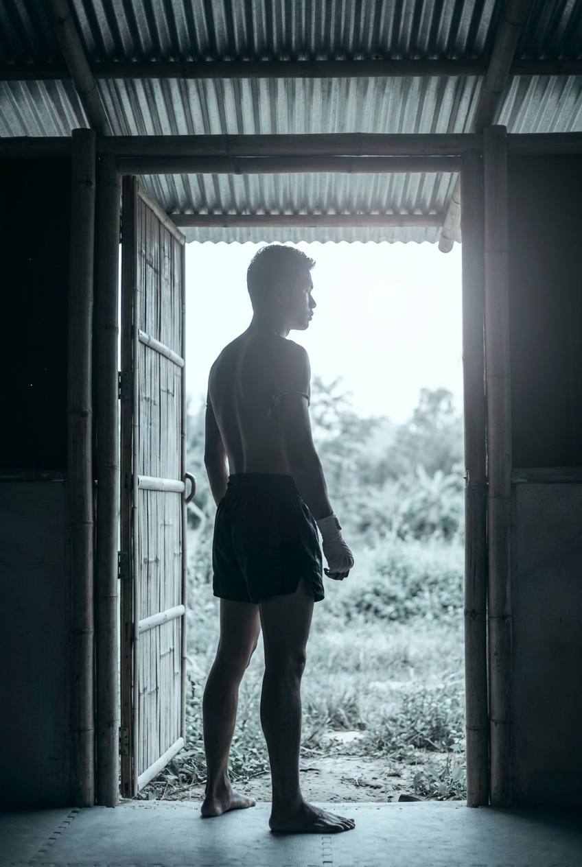 Vertical portrait of a solo boxer standing in a Muay Thai camp doorway looking outward, backlit by cool diffuse daylight, hands wrapped, bamboo frame and tin roof visible, reflective contemplative mood