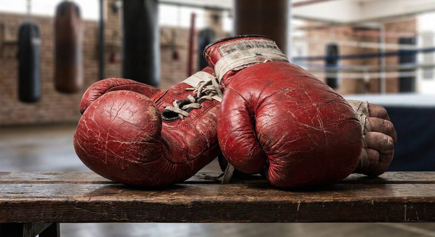 Close-up of worn red lace-up boxing gloves and taped knuckles resting on a wooden gym bench in a classic old-school boxing gym, bright side-window light