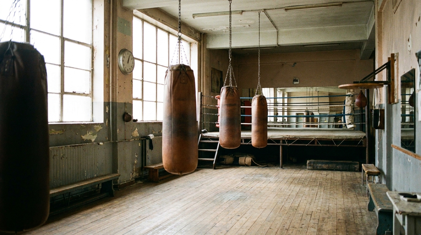 Wide environmental shot of a classic old-school boxing gym, worn wooden floor, faded painted walls, heavy bags hanging out of focus in background, a boxing timer on the wall, empty space, bright commercial daylight from high windows