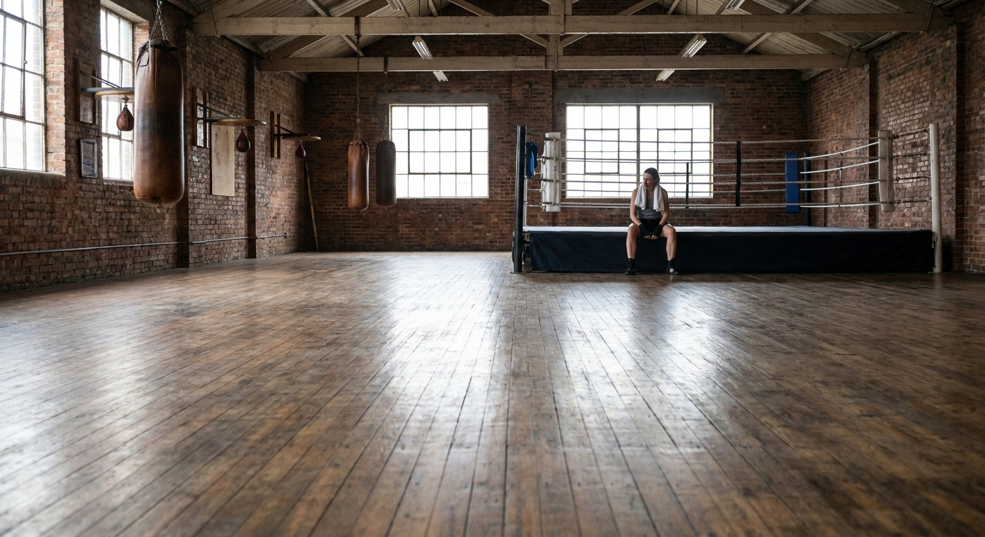 Negative space composition: female boxer in a classic old-school boxing gym seated alone on a ring apron after training, head down, towel over shoulders, sweat visible, room large and empty around her, bright side-window light, bright commercial daylight