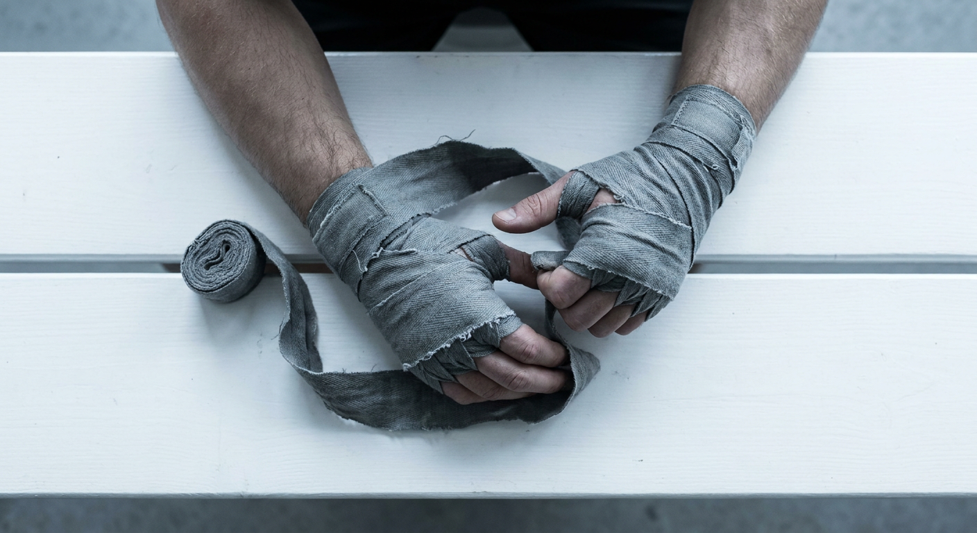 Close-up of hands wrapping grey Mexican-style cotton hand wraps on a white gym bench, fabric texture visible, no person above wrists, muted cool light