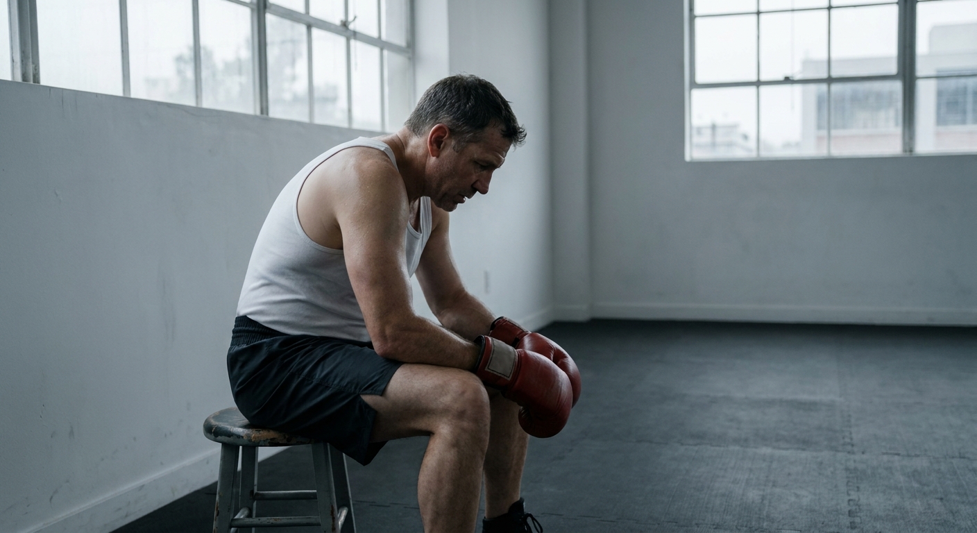 Older fighter in his late 40s seated on a corner stool in a bright modern boxing gym, elbows on knees, gloves resting on thighs, looking down in quiet focus, slight sweat visible on arms, muted cool grey light