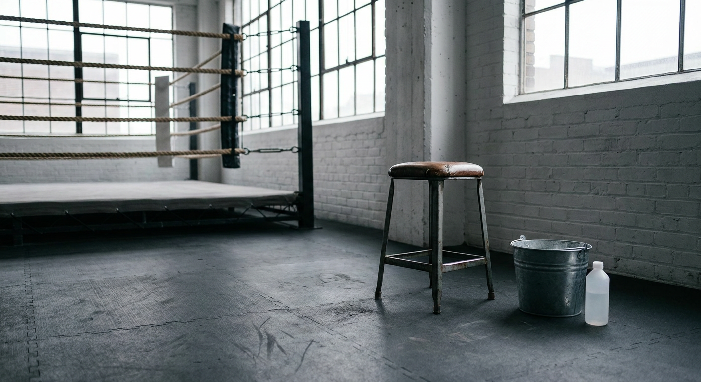 Empty corner stool in a bright modern boxing gym with rubber flooring, plain white walls, a bucket and plain water container beside it, ring ropes blurred in background, overcast diffuse cool grey-white light, sense of pre-fight calm