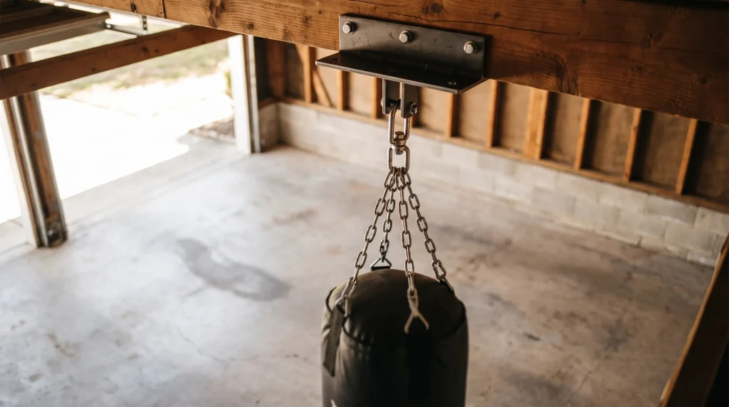 Heavy bag hanging from a ceiling mount in a home garage gym