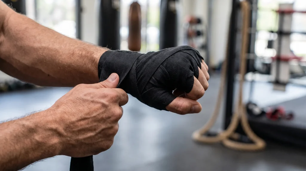 Hands being wrapped with boxing hand wraps