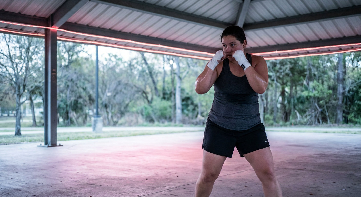 Female boxer in her late 30s, stocky and powerful build, shadowboxing mid-slip under an outdoor park pavilion awning, cool morning daylight, hand wraps on, faint neon-red rope light along the pavilion edge