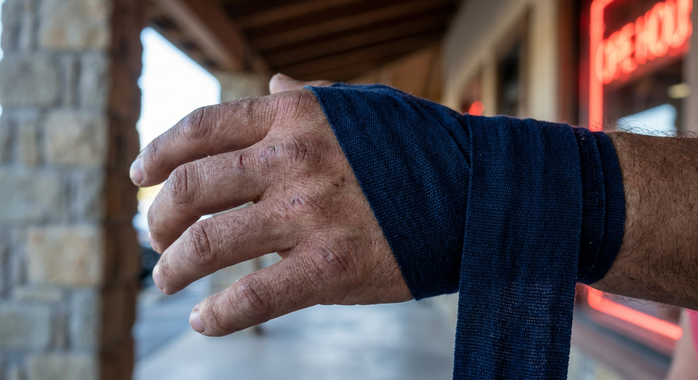Extreme macro close-up of dark navy Mexican-style hand wraps being wound around a boxer's knuckles, cool side daylight with faint neon-red rim light along the wrist, skin texture and slightly rough knuckles visible