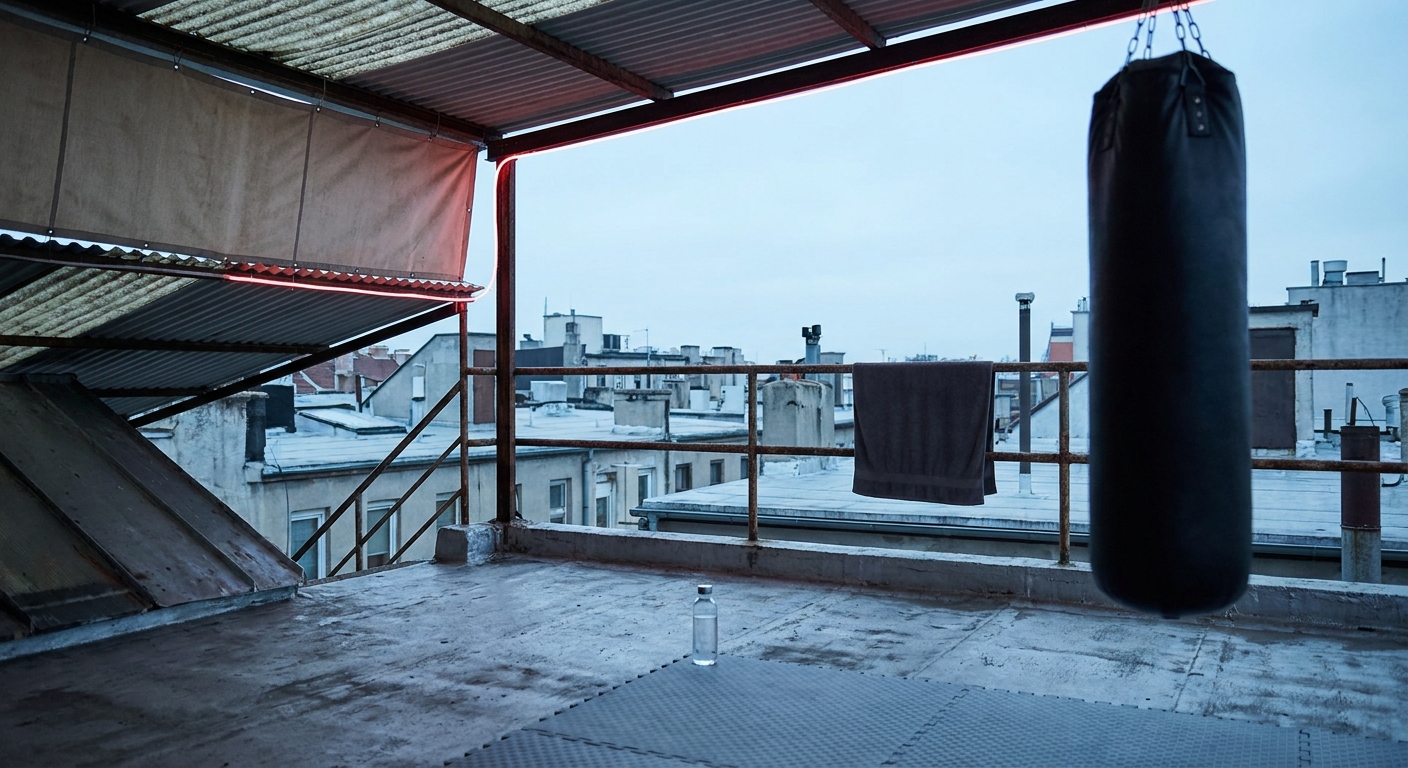 Wide environmental shot of a rooftop training area at early morning, partial shade awning, heavy bag hanging out of focus at far right, towel draped over a steel railing, cool blue-sky daylight with a faint red neon strip along the awning edge, no people in frame