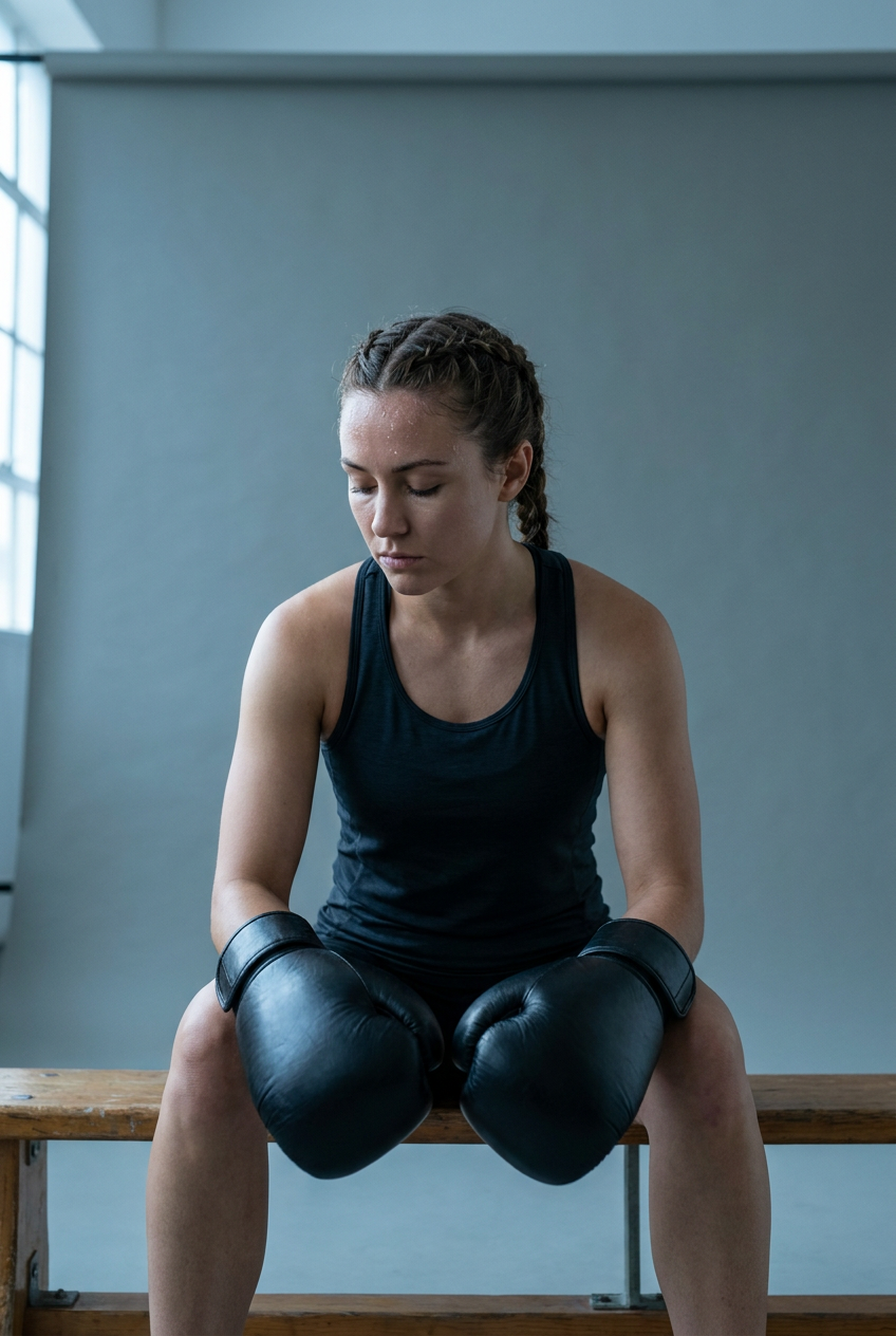 Female boxer seated on a gym bench, eyes closed and head slightly tilted down in pre-round visualization, black boxing gloves resting on knees, cool studio lighting on grey backdrop