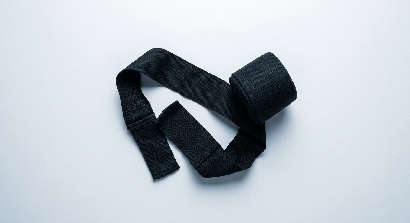 Overhead flat-lay of clean black hand wraps loosely unrolled on a light grey studio floor, cool white editorial lighting, fabric texture visible, no person in frame