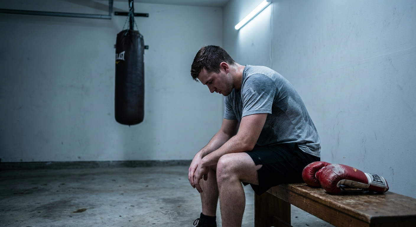 Male boxer sitting alone on a bench in a home garage gym, gloves beside him, heavy bag hanging still in the background, posture of quiet exhaustion