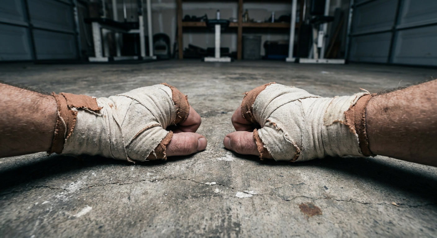 Close-up of a male boxer's wrapped hands resting flat on a concrete garage gym floor, tape edges worn, cool overhead LED light