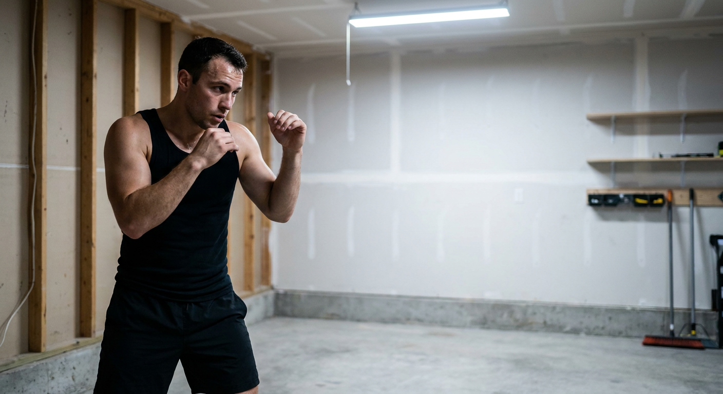 Male boxer practicing shadowboxing in a home garage gym, mid-shot from waist up, neutral stance with guard up, concrete floor and plain drywall visible