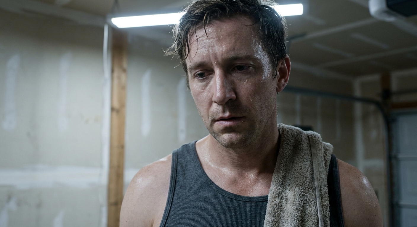 Close-up portrait of a male boxer's face and shoulders after training, sweat towel over one shoulder, tired but calm expression, plain garage wall behind him