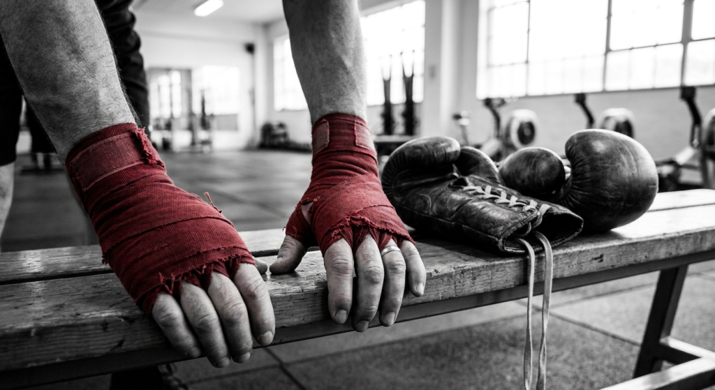 Close-up of veteran boxer wrapped hands in deep red Mexican-style hand wraps resting on a wooden gym bench beside worn bag gloves