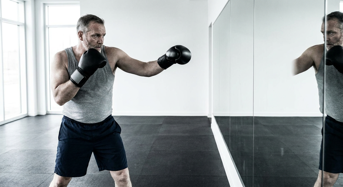 Older male boxer shadowboxing in front of a floor-to-ceiling mirror in a bright modern gym with cool daylight filtering through wide windows