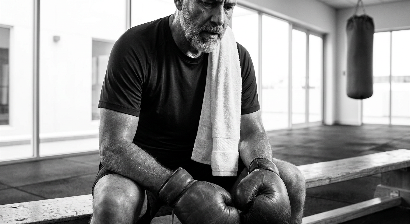 Older male boxer seated on a wooden gym bench catching breath after training with boxing gloves resting on his knees and a white towel over his shoulder
