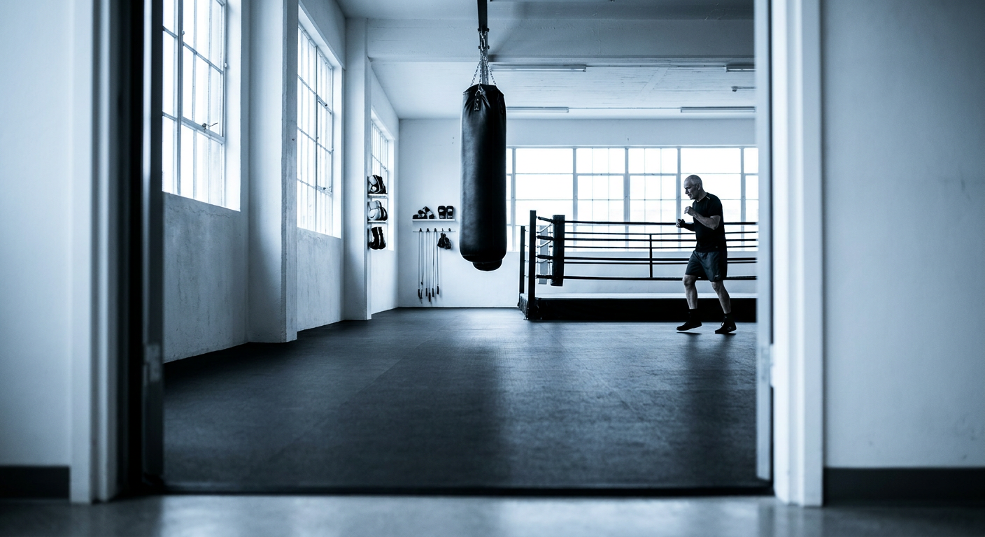 Wide environmental shot of a bright modern boxing gym with clean white walls black rubber flooring cool daylight from large windows and a heavy bag hanging still in the background