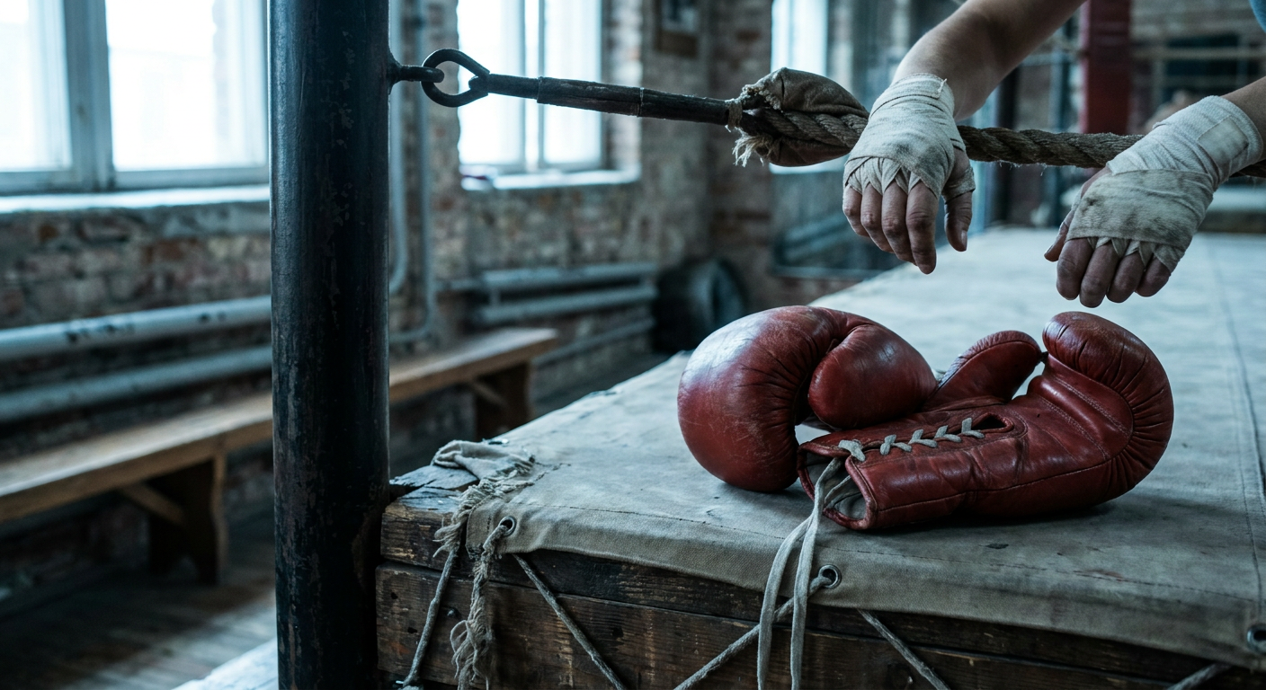 Close-up of white hand wraps and red lace-up bag gloves resting on worn wooden ring ropes in an old-school boxing gym