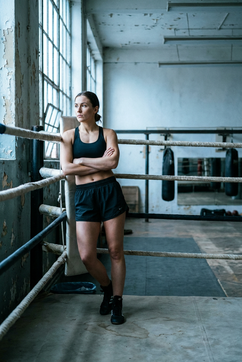 Female boxer standing in the ring corner of a classic old-school gym, arms crossed, analytical focus, wide negative space showing empty gym behind her