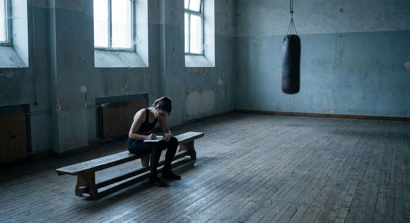 Wide shot of a classic old-school boxing gym interior, female boxer small in frame seated on a bench taking notes, heavy bag out of focus in background, cool blue-white daylight