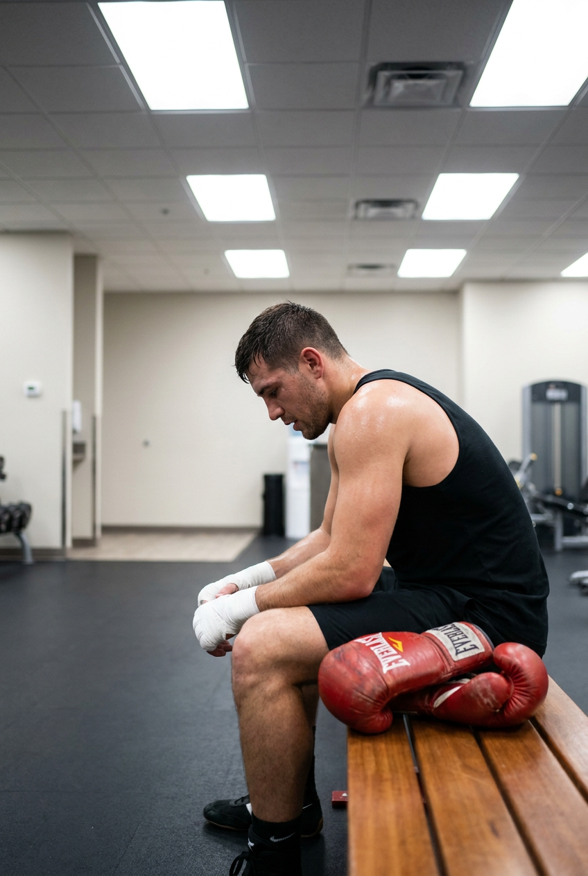 Male boxer seated on a bench in a bright modern boxing gym, head bowed, wearing a black tank top with well-used red bag gloves beside him on the bench, post-training exhaustion, overhead fluorescent lighting