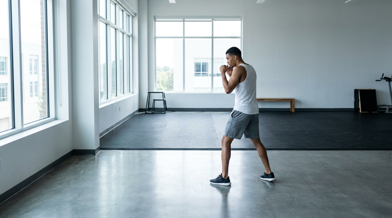 Male boxer standing alone in a bright modern gym with clean white walls and rubber flooring, doing slow deliberate shadowboxing with relaxed form, wide environmental shot, bright commercial white balance