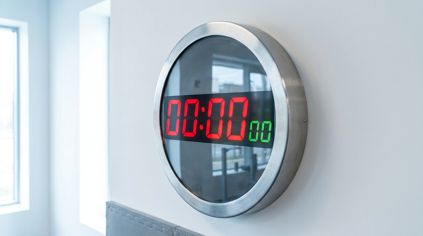 Close-up macro shot of a round timer face mounted on a clean white wall in a bright modern boxing gym, cool daylight, no person in frame, rubber flooring visible at bottom