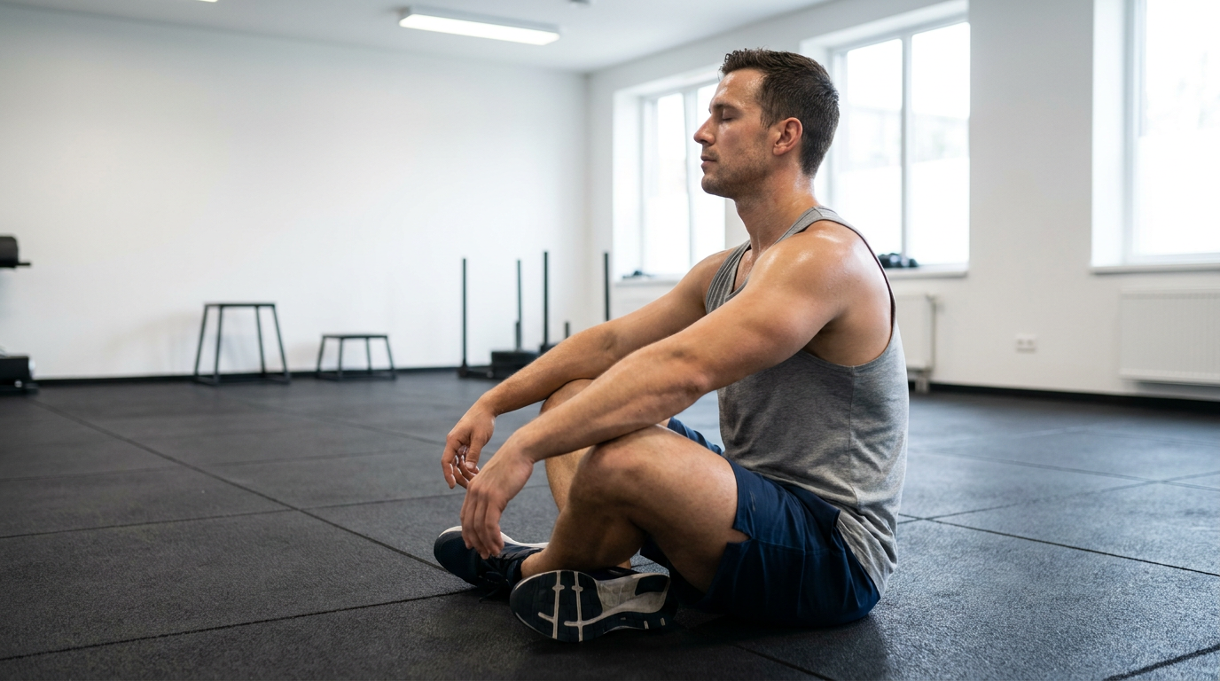 Male boxer sitting cross-legged on clean rubber gym floor in a bright modern gym, eyes closed in a breathing or meditation posture, wearing blue shorts and a grey tank top, calm recovery mood, white walls