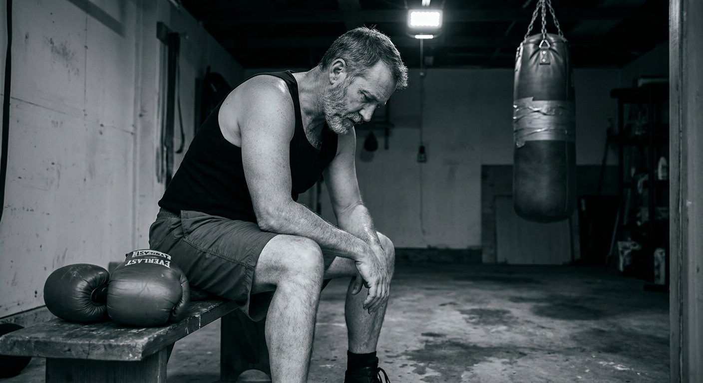 Older male boxer seated on a wooden bench in a home garage gym, elbows on knees, looking down at the concrete floor between rounds, Everlast gloves beside him
