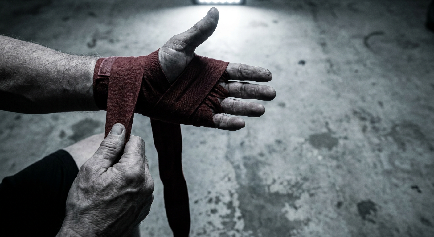 Close-up macro shot of older man's hands mid-wrap with dark red Mexican-style cotton hand wraps, concrete garage floor visible, high-contrast near-monochrome tones