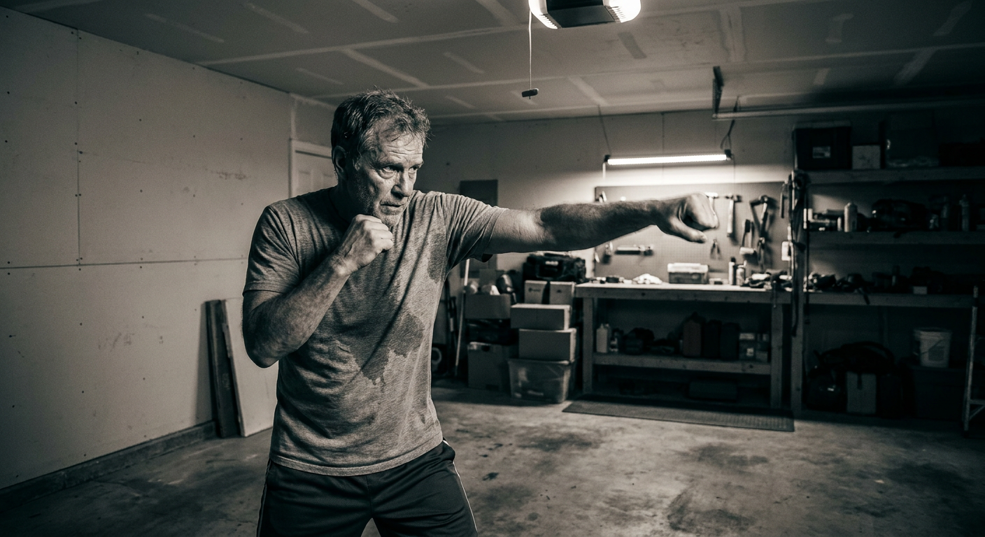 Older boxer in his 50s shadowboxing in a home garage, concrete floor and plain drywall walls, lead hand extended in a deliberate jab, high-contrast desaturated cool tones, dramatic overhead LED shadow