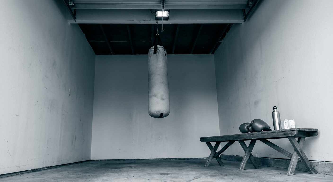 Wide shot of an empty home garage boxing setup: angled heavy bag hanging from ceiling mount, folding bench with gloves and a round timer on it, concrete floor, plain drywall walls, single LED, no person, near-monochrome cool grey tones