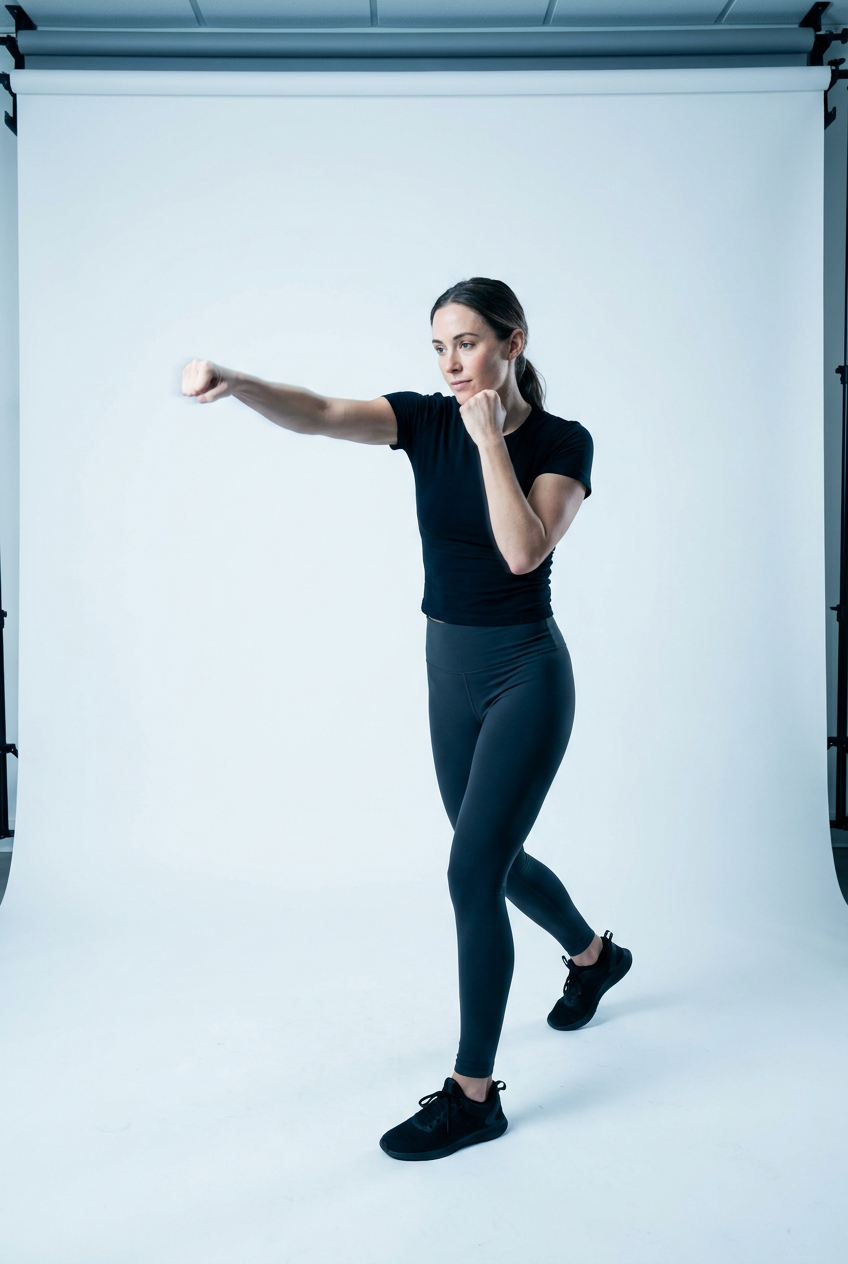 Vertical full-body shot of a woman in dark leggings and fitted athletic top shadowboxing against a plain white studio backdrop, lead hand extended, cool commercial white lighting