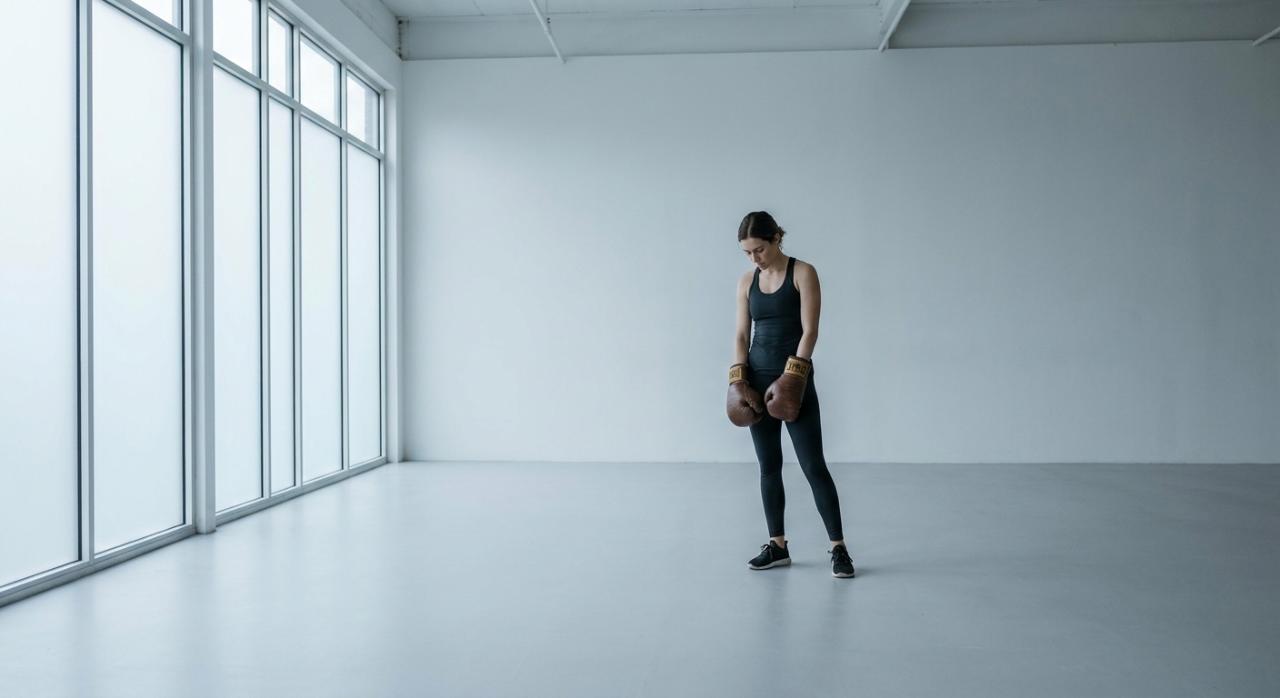 Wide environmental shot of a woman standing in a plain studio space with negative space around her, wearing bag gloves held loosely at her sides, head slightly bowed, cool daylight, capturing stillness after training
