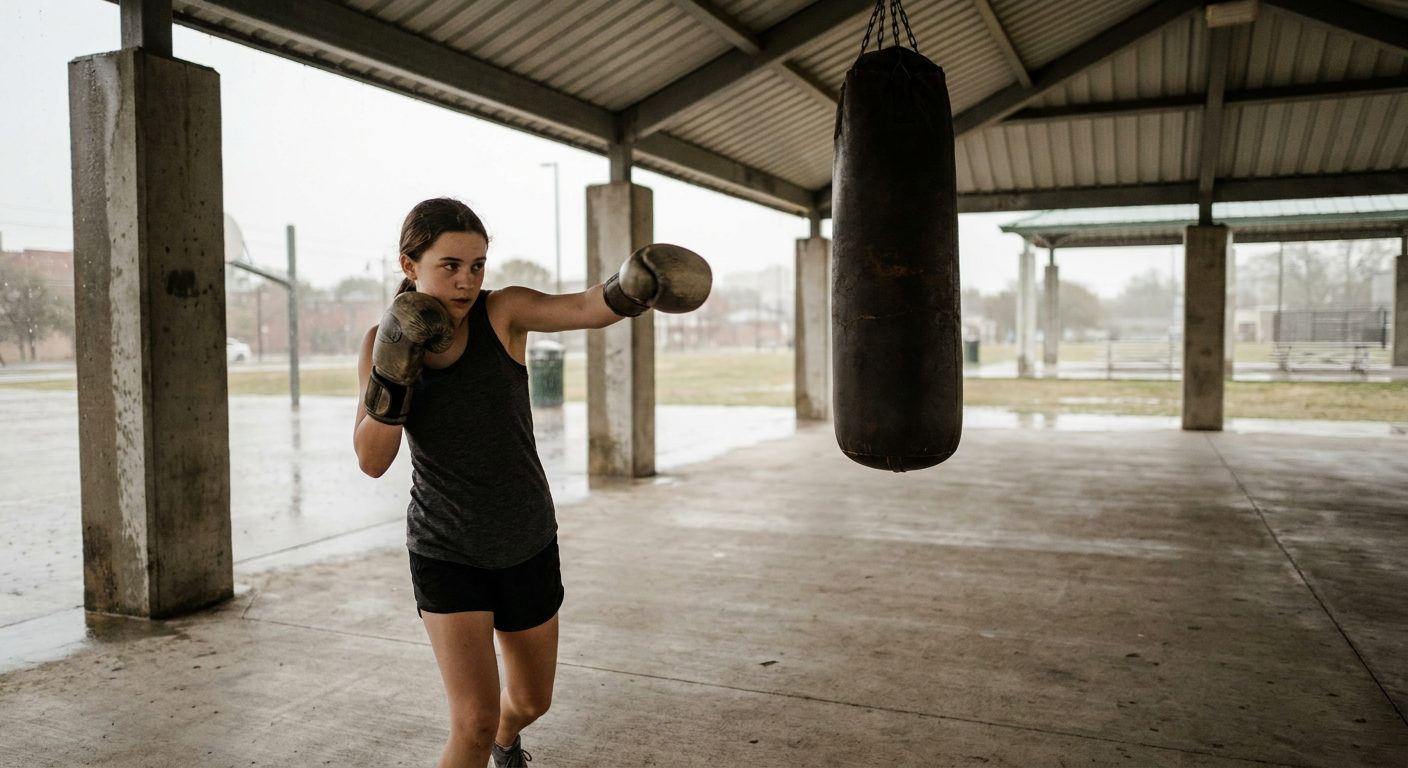Young teenage girl in boxing gloves shadowboxing under an outdoor rooftop pavilion, full body in mid-jab, dark heavy bag hanging out of focus in background, cool grey diffuse natural light