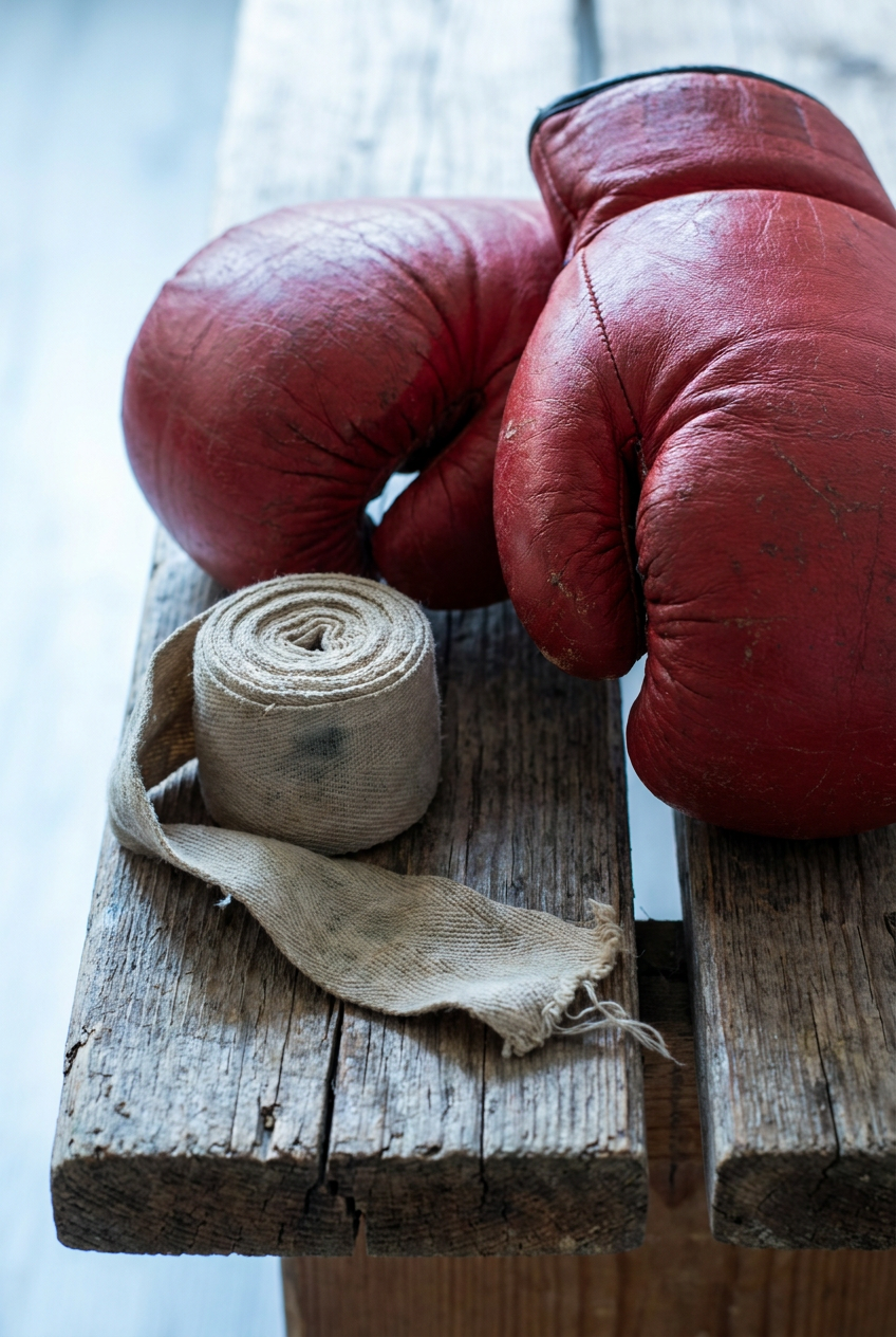 Close-up macro shot of small red youth boxing gloves resting on a weathered wooden bench beside coiled hand wraps, cool blue-white editorial light highlighting worn leather texture
