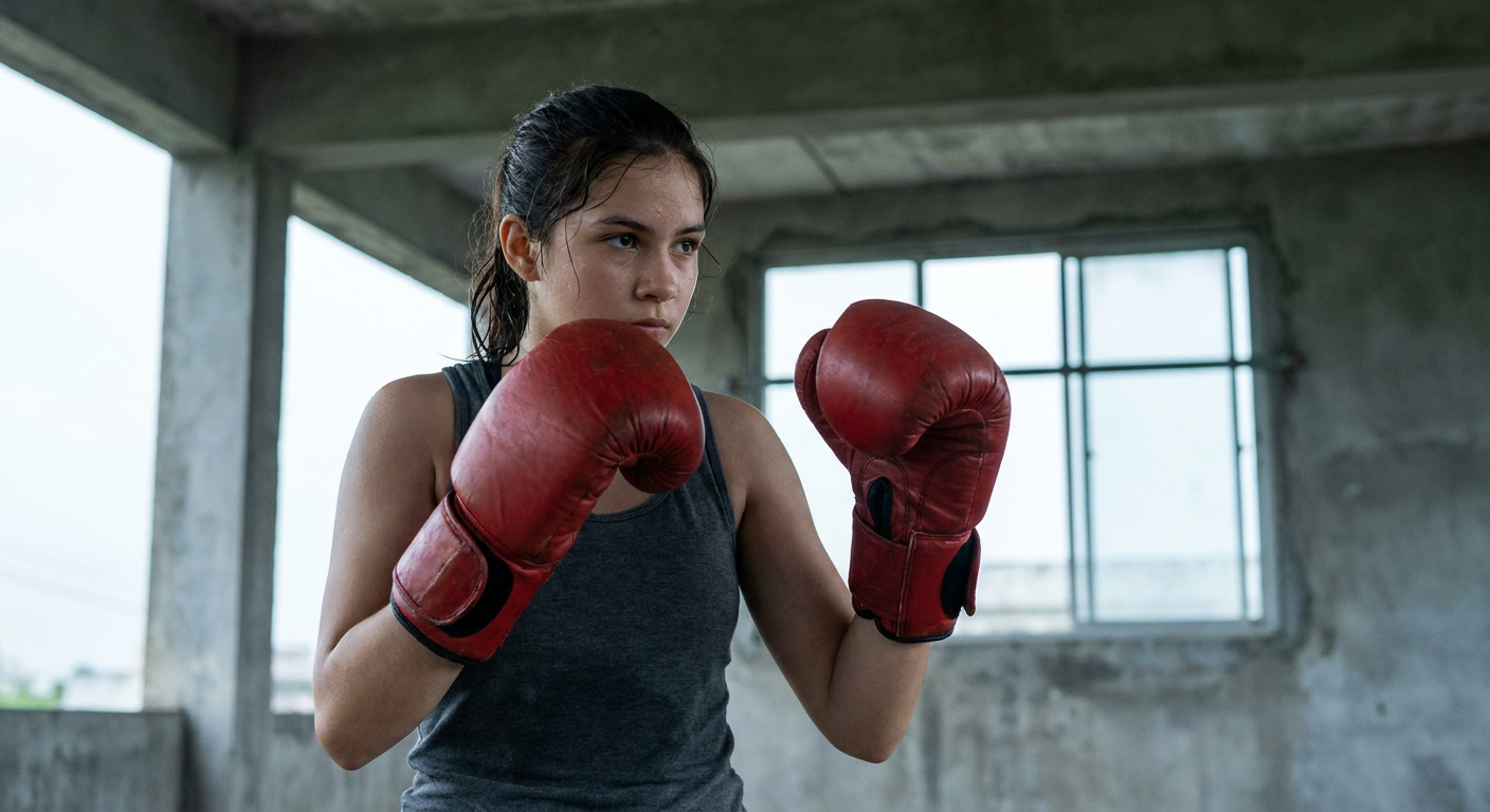 Teenage girl in boxing stance with red gloves up in guard position, mid-shot from waist up, standing on concrete floor under outdoor covered structure, cool grey natural light from the side, focused expression